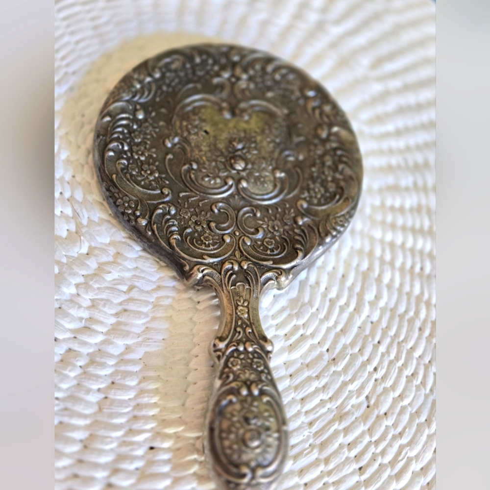 Antique Vintage Victorian Silver Plated 9” Ornate Vanity Hand Held Mirror Heavy